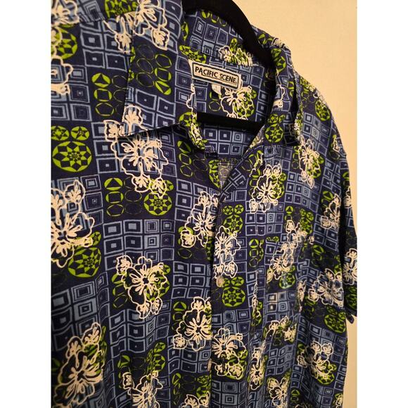 Pacific Scene Men's Rayon Hawaiian Shirt Size Large Geometric & Floral Design - Picture 2 of 5
